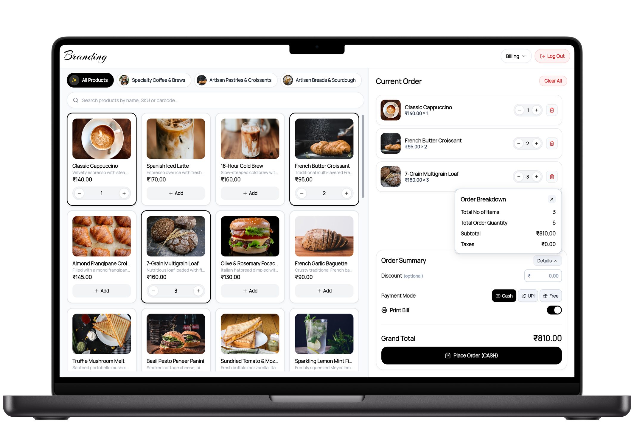 Finch POS Billing Terminal on MacBook Pro